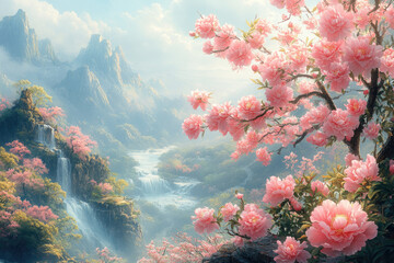 Dreamy Scene of a Beautiful Tree with Pink Peonies in Front of Ancient Chinese Landscape