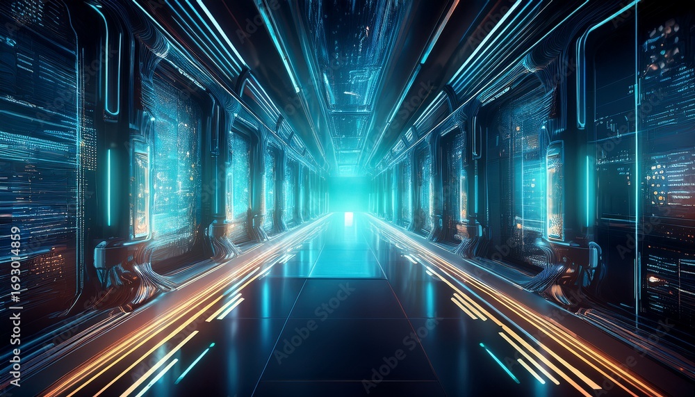 Poster futuristic digital corridor with glowing data streams and holographic interfaces