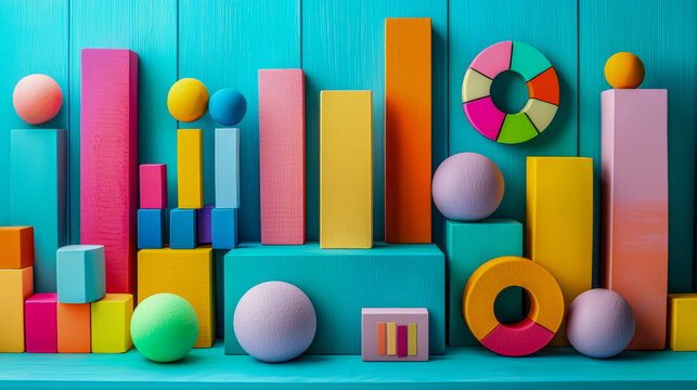 Colorful geometric shapes and bar graphs on vibrant blue background