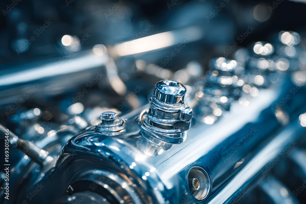 Aufkleber close-up of a shiny metallic engine component with reflective surfaces and intricate details