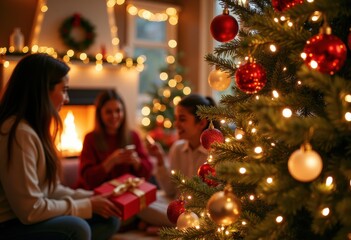 Vibrant Christmas Celebration with Glowing Ornaments, Sparkling Lights, and Festive Decorations Creating a Magical Holiday Atmosphere