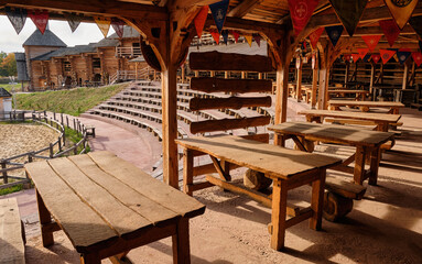 Rustic outdoor tavern at a medieval festival.