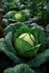 Obraz premium Close-up of a green cabbage in a field, a nature and healthy food concept.