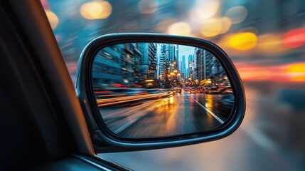 Dynamic cityscape view blurred during motion from car side mirror