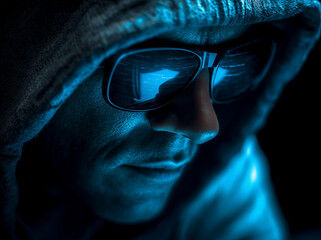 A hacker wearing sunglasses with blue light reflecting on the glasses, hooded and in front of a computer screen, close-up portrait.