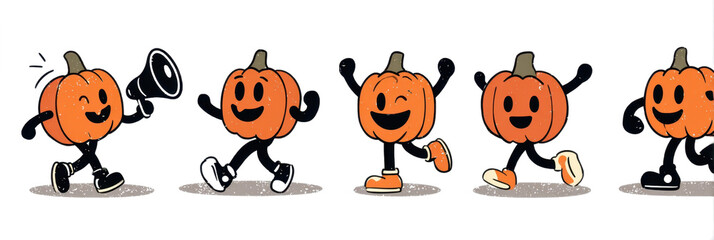 Naklejka premium vintage retro style halloween pumpkin cartoon mascot character with expressive faces and gestures 