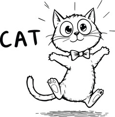 Naklejka premium (102)Jumping Cat Doodle – Black and White Vector Illustration of Playful Cartoon Feline with Bow Tie and Bold Lettering