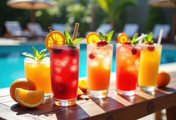 Fototapeta premium Vibrant Colorful Cocktails Displayed with Fresh Fruit Garnishes Refreshing Summer Drinks
