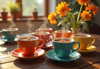 Obraz premium vibrant colorful coffee cups radiating morning light warmth cheerful energy inviting cozy breakfast moments, mug, ceramic, table, steam, texture, handcrafted