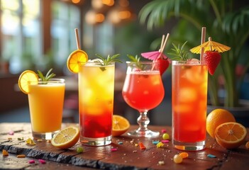 vibrant colorful drink pairings textured wood table refreshing beverages party setting tasty combinations, cocktail, smoothie, soda, wine, juice, fruit
