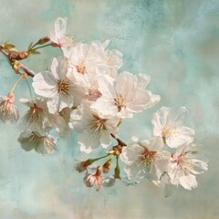 Cluster of white cherry blossoms on a branch against a textured blue background. Spring floral bloom and natural beauty concept for design.