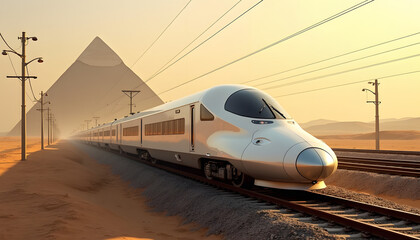 Modern train travels through a desert landscape with pyramids.