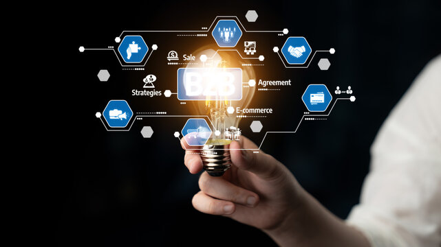 A creative representation of business innovation featuring a light bulb and digital icons symbolizing e-commerce, agreements, and collaboration in a modern business landscape. Tessel