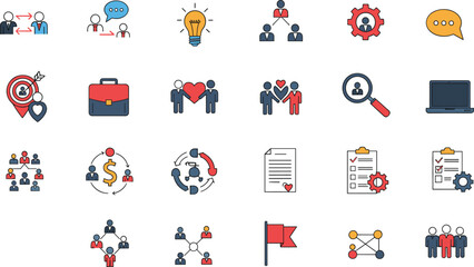 Business and Teamwork Icon Set Featuring Communication, Organization, and Collaboration Symbols &ndash; Stylized Grid for Professional and Educational Use