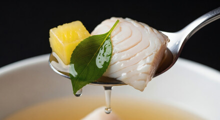 Macro Detail of a Spoonful of Fresh Flaky Fish and Pineapple Soup