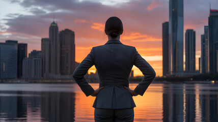 Fototapeta premium Visionary Outlook: A determined professional gazes upon a sprawling cityscape during a serene sunset, embodying ambition, urban exploration, and a forward-thinking mentality.