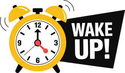 Obraz premium Wake Up Alarm Clock Illustration | Yellow Clock with Motivation Reminder for Morning Routine, Time Management and Productivity