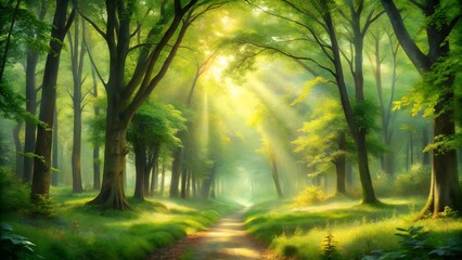 Naklejka premium Sunbeams shining through lush green trees in a forest path