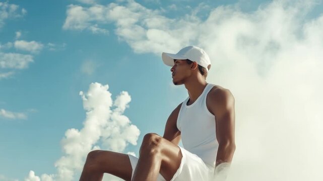 Stylish Man in White, Cloud-Kissed Serenity