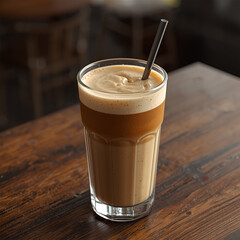 Premium Cold Coffee with Straw on Wooden Table – Front View