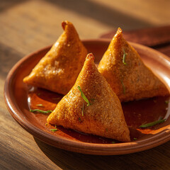 Premium Samosa on Clay Plate on Wooden Table