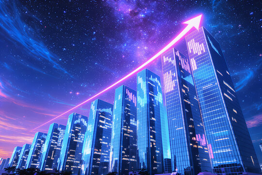 Futuristic city skyline with glowing arrow symbolizing financial growth and upward trend