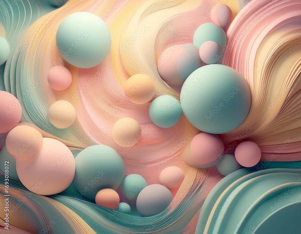 Poster abstract pastel spheres floating together in a close up view with a soft and dreamy aesthetic for a 