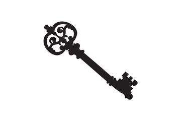 Ornate antique skeleton key silhouette isolated on a white background representing access and mystery