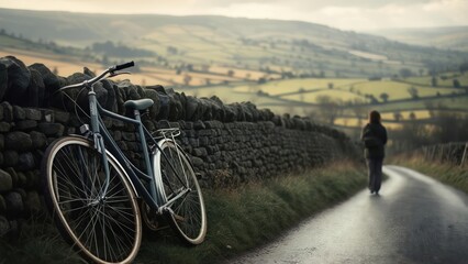 Pensive Journey: Classic Bicycle by a Dry Stone Wall in the Misty English Countryside