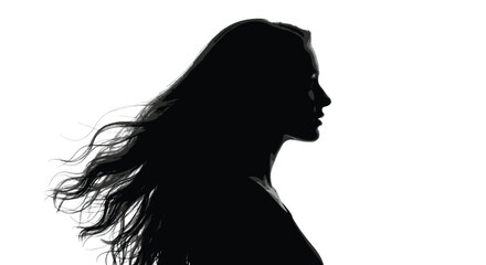 Woman profile silhouette with flowing wavy hair for beauty, motion, elegance, and black-and-white vector illustration design