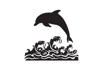 A dynamic black silhouette of a dolphin leaping joyfully out of stylized ocean waves representing freedom and the sea silhouette