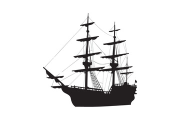 Dramatic black silhouette of a tall ship with sails unfurled sailing on the ocean with a bird flying nearby silhouette