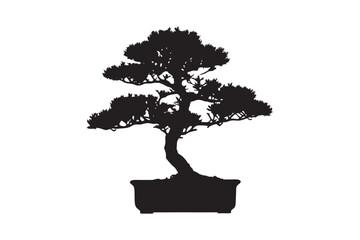 A detailed black silhouette of a mature bonsai tree with a curved trunk in a rectangular pot on a white background silhouette