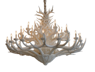 A chandelier shaped like reindeer antlers decorated with lights. PNG transparent isolated.