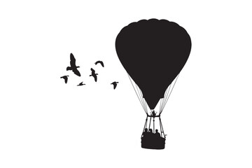 A striking black silhouette of a hot air balloon ascends into the sky with a flock of birds flying nearby silhouette