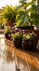 Beautiful plants arranged on a wooden deck basking in the golden morning sunlight with dew on their leaves