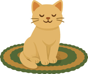 The image shows a simple cartoon-style yellow cat with closed eyes sitting calmly on a round green and yellow rug.