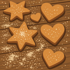 star-shaped and heart-shaped cookies sprinkled with sugar, placed on a wooden surface with crumbs scattered around.