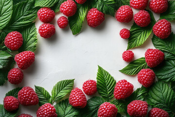 Beautiful White Background with Raspberries and Green Leaves Creating a Frame
