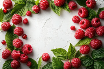 Fresh Raspberries and Green Leaves Forming an Empty Frame on White Background