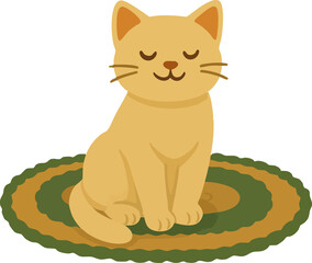 The image shows a simple cartoon-style yellow cat with closed eyes sitting calmly on a round green and yellow rug.