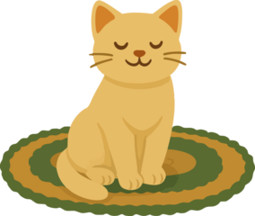 The image shows a simple cartoon-style yellow cat with closed eyes sitting calmly on a round green and yellow rug.