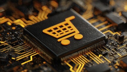 Close-up of a circuit board with a shopping cart icon