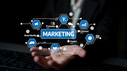 A creative representation of modern marketing strategies focusing on brand identity and consumer...