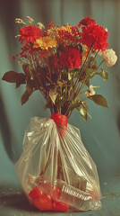 Flowers arranged in recycled plastic bottles, accompanied by spilled liquid and scattered plastic bags.