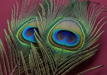Obraz premium Closeup of two vibrant peacock feathers with intricate eye patterns on a deep red background