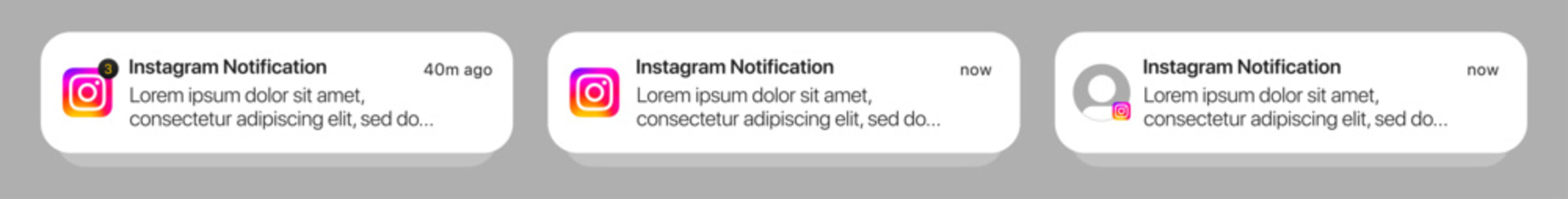 Instagram iOS notification UI mockup template with new like, comment and message alert design for mobile iOS interface
