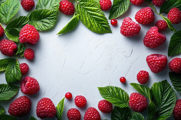Top View of Fresh Raspberries and Green Leaves Creating a Delicate Frame