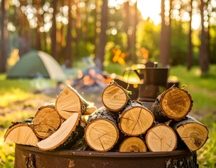 Campfire with wood and tent in forest