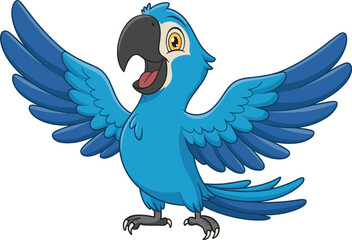 Happy blue parrot with wide open wings, cheerful exotic tropical bird cartoon, colorful wildlife character vector illustration design.